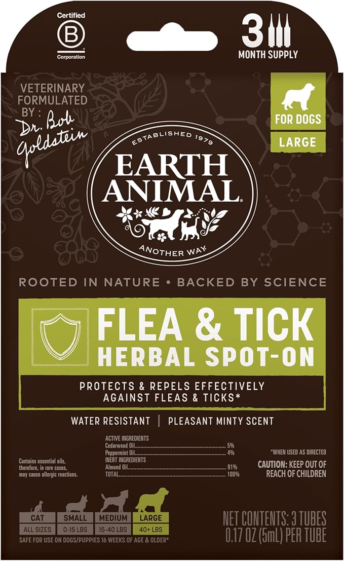 Earth Animal Apothecary Natural Flea & Tick - Herbal Spot-On for Large Dogs - 3 Applications (3 Month Supply)