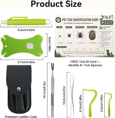Tick Removal Kit with Leather Case & Tick Identification Card, Complete Tick Remover Set with Tick Hook, Tweezers, Magnifying Glass for Dogs Cats Humans, Portable Tick Removal Tool