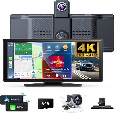 Wireless Carplay Screen for Car 10.26" 4K 360 Rotation Dash Cam Carplay&Android Auto Car Stereo 1080p Backup Camera GPS Navigation/Mirror Link/Voice Control/Siri/FM Satellite Radio Receiver