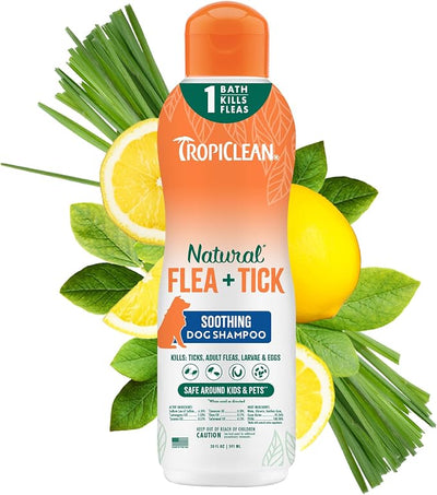 TropiClean Soothing Flea and Tick Shampoo for Dogs, Powerful & Natural Defense, for Large & Small Dogs, Made in USA, 20oz