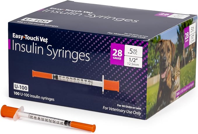 Easy Touch U-100 Pet Insulin Syringes for Dogs & Cats – 28G 0.5cc 1/2" Needle, Half-Unit Markings for Precise Dosing, Compatible with U-100 Insulin, Box of 100