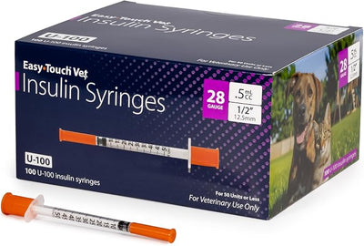 Easy Touch U-100 Pet Insulin Syringes for Dogs & Cats – 28G 0.5cc 1/2" Needle, Half-Unit Markings for Precise Dosing, Compatible with U-100 Insulin, Box of 100