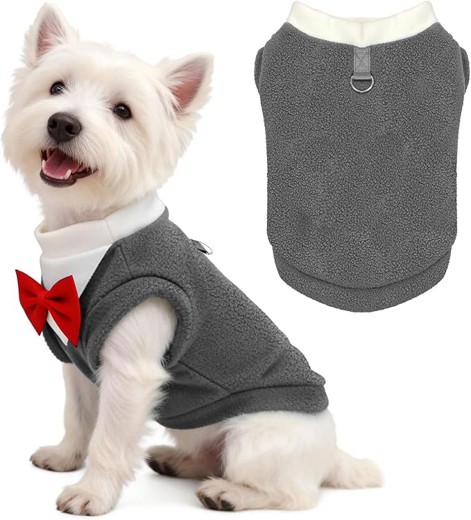 Cute Dog Fleece Sweater with D-Ring, Fall Winter Dog Clothes Tuxedo Costume with Bowtie, Soft Puppy Sweatshirt Chihuahua Yorkie Apparel Poodle Outfits for Small Medium Large Dogs(Grey,XXL)