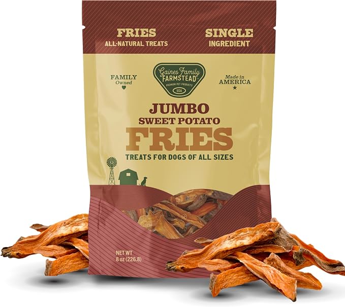 Gaines Family Farmstead Jumbo Sweet Potato Fries for Dogs – 8 oz, Chewy Single Ingredient, Grain-Free Dog Treats, Rawhide-Free Chews, High-Fiber Snacks for Training & Rewards, Made in USA