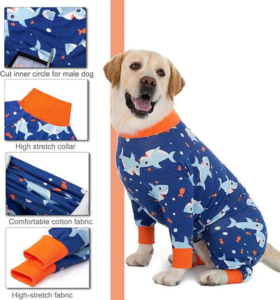 Dog Recovery Suit After Surgery Female Male, Medium Large Dog Neuter Shirt Cone Alternatives Prevent Licking Surgical Onesies (Blue Shark, 6XL)