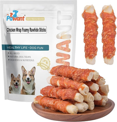 Chicken Wrapped Puffed Rawhide Rolls Dog Sticks Treats, 8 oz | Savory poultry wrap; firm chew texture; 65% protein; low-fat recipe; indoor boredom-busting snack