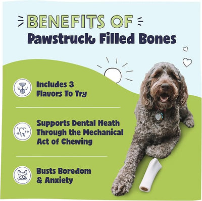 Pawstruck Large 5-6” Filled Dog Bones Variety Pack - Peanut Butter, Cheese & Bacon, Beef Flavors - Made in USA, Long Lasting Stuffed Femur Treat for Aggressive Chewers , Packaging May Vary (Pack of 6)