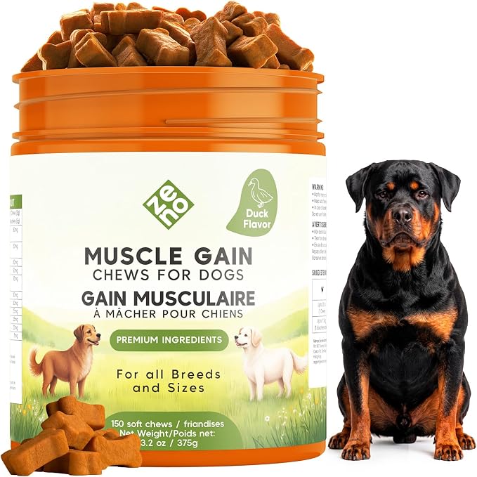 ZENO 11-in-1 Muscle Gain Chews - Weight Gain Supplements for Dogs with High Protein & Amino Acids - Premium Muscle Builder for Bully & All Breeds - Healthy for Puppies - 150 Chews - Duck