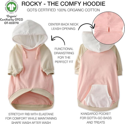 Pet Passion Rocky – The Original Lightweight Hooded Tee 100% Organic Cotton Dog Hoodie Pet Coat Sweater for All Sized Dogs, Original Pink Colorblock, Large (40-60 lbs)