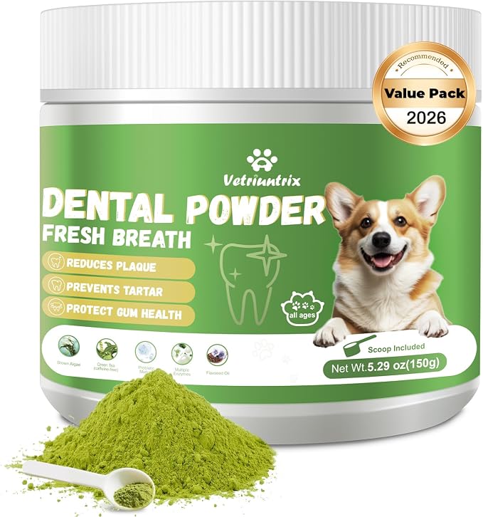 Dog Dental Powder, Dog Teeth Cleaning Powder for Fresh Breath Tartar Remove & Plaque Off, Dental Powder for Dogs Teeth with Natural Plant Blend and Probiotics, 150g
