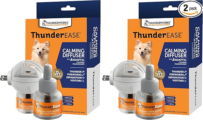 ThunderEase Dog Calming Pheromone Diffuser Kit-Powered by ADAPTIL-Vet Recommended to Relieve Separation Anxiety, Stress Barking & Chewing, & Fear of Fireworks & Thunderstorms(30 Day Supply)(Pack of 2)