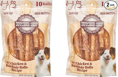 Butcher Shop 8” Chicken & Rawhide Rolls Dog Treats (2 Pack - 10 oz per Pack)