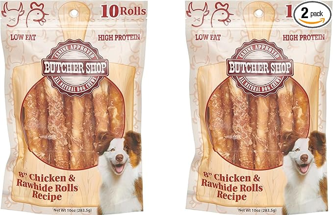 Butcher Shop 8” Chicken & Rawhide Rolls Dog Treats (2 Pack - 10 oz per Pack)