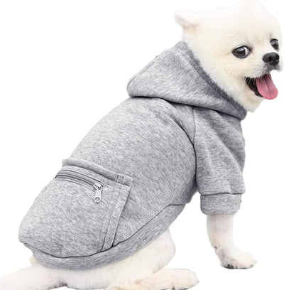 Jecikelon Dog Hoodies for Small Dogs with Zipper Pocket, Soft Fleece Puppy Clothes with Rope Hat, Warm Winter Outfits Cold Weather Coats, Cute Sweatshirt Chihuahua Costume (Small, Y02-Grey)