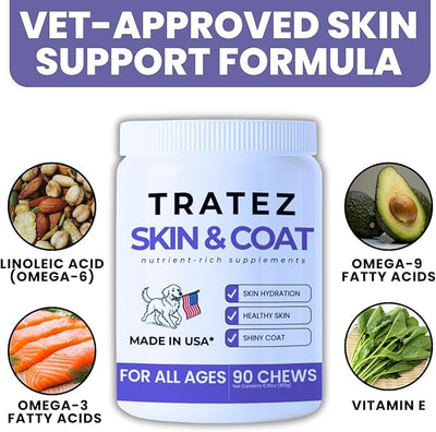 Skin & Coat Supplement for Dogs - Omega 3 6 9 Fish Oil & Vitamin E Soft Chews - Dog Itch Relief, Anti-Shedding & Shiny Coat Support for All Breeds, 90 Count