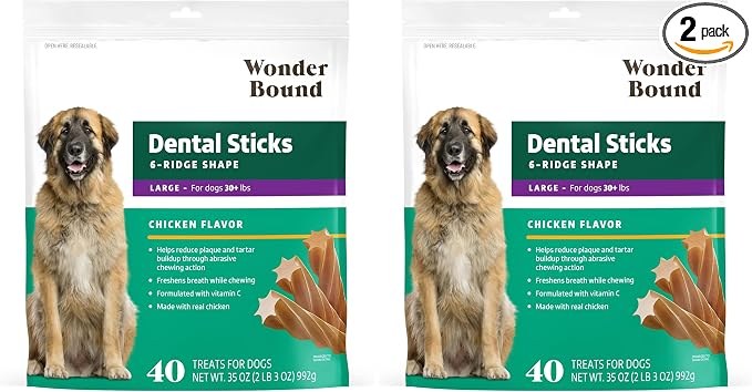 Wonder Bound Chicken Dental Sticks for Large Dogs | 40 Count Pack of 2 | Plaque & Tartar Control | 6-Ridge Shape