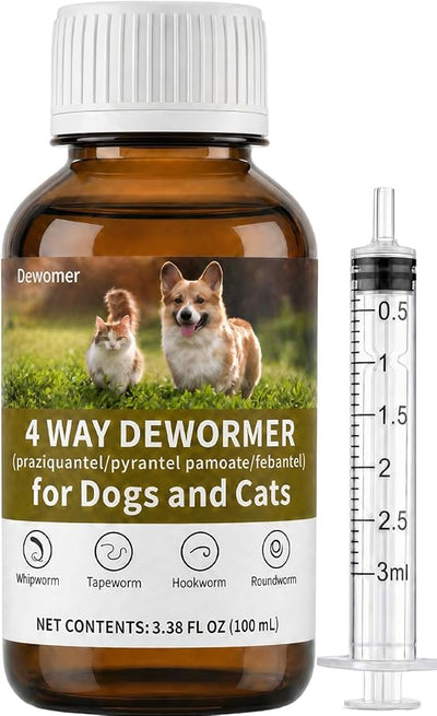 4-Way Dog and Cat Dewormer Liquid (Praziquantel/Pyrantel Pamoate/Febantel), Broad Spectrum Dewormer for Small Dogs and Cats, 2–25 lb