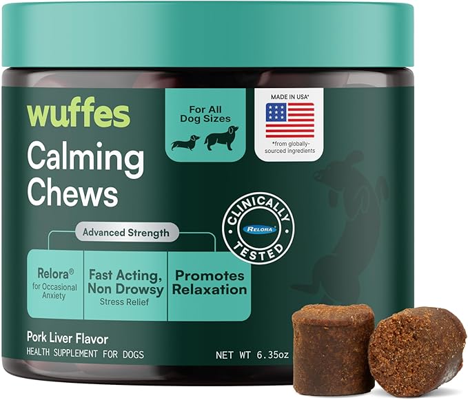Wuffes Calming Soft Chews for Dogs, Stress Support Supplement with Relora®, GABA, L-Tryptophan & Chamomile, Sedative-Free Calming Relief for All Dogs, 60 Soft Chews