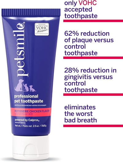 Petsmile Professional Pet Teeth Brushing Kit for Cats & Dogs - VOHC Accepted Toothpaste & Patented Toothbrush - Proven to Control Plaque & Tartar Calprox Formula (Rotisserie Chicken, 2.5 Oz)