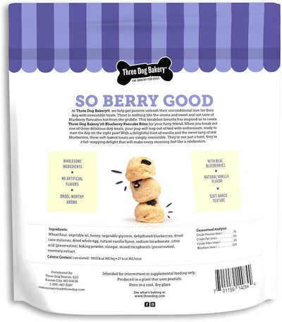 Three Dog Bakery Blueberry Pancake Bites, Treats with Real Blueberries & Vanilla, Mess-Free Snacks & Training Cookies for Dogs & Puppies, Human-Inspired