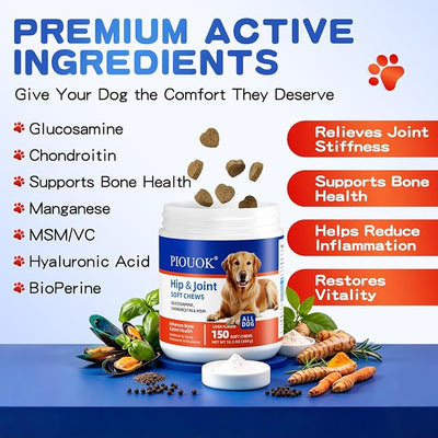 Hip and Joint Supplement for Dogs, Glucosamine for Dogs with MSM, Chondroitin, Dog Joints Supplement Supports Mobility & Joint Pain Relief, Liver Flavored Soft Chews Fit All Breeds & Sizes - 150Ct