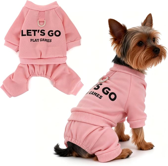 Warm Dog Winter Coat with Built-in Leash Ring, Fleece 4-Legged Sweatshirt Jumpsuit, Cute Let's Go Print Puppy Clothes for Small Dogs Boy Girl, Cold Weather Outfit