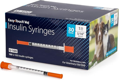 Easy Touch U-100 Pet Insulin Syringes for Dogs & Cats – 30G 1cc 5/16" Needle, Half-Unit Markings for Precise Dosing, Compatible with U-100 Insulin, Box of 100
