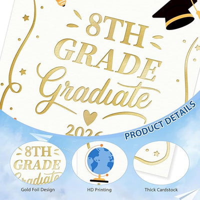 FLYAB 8th Grade Graduation Card - 2026 Gold Foil Middle School Promotion Card with Envelope Grad Gift for Her Him Boys Girls Son Daughter Granddaughter Grandson(5.5x8 Inch)