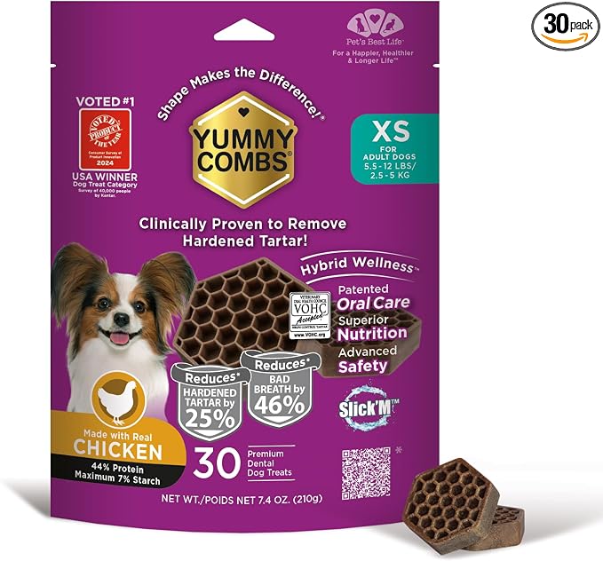 Yummy Combs Dog Dental Treats – Vet VOHC Approved, Removes Tartar & Cleans Teeth – Yummy High Protein Chicken Treat for Extra Small Dogs (Mini Pack, 30 Count)