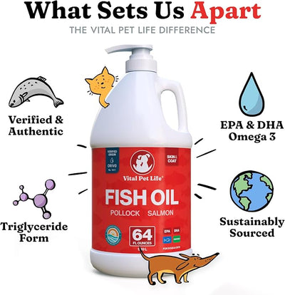 Fish Oil for Dogs, Salmon Pollock Liquid Omega 3, 64 oz | Soft Shiny Glossy Coat, EPA DHA, Immune System & Heart Function Support, Normal Shedding, Supplement for Pets