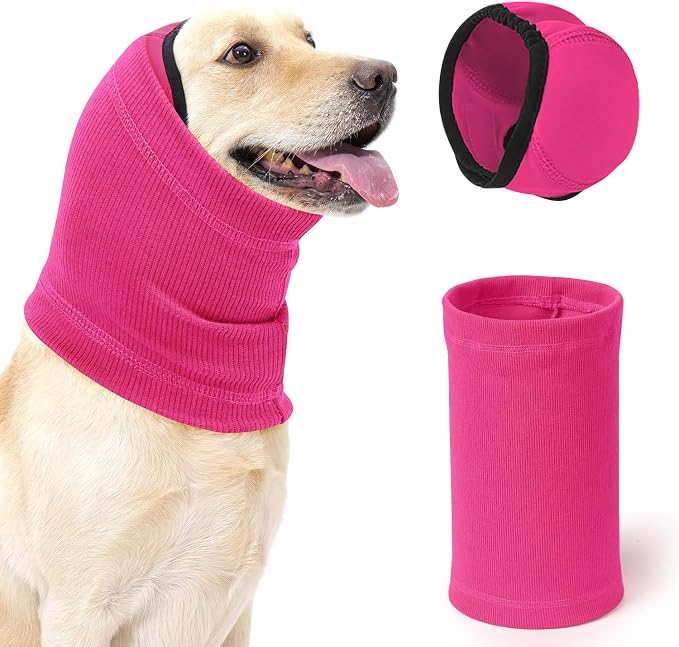 SlowTon Quiet Ears Dog Hoodie - 2 Pcs Ear Wrap Dog Ear Muffs Noise Protection, Anxiety Relief Dogs Hat Calming Hood Head Cover, Pet Headband Ear Protector for Grooming, Force Drying (Pink,L)