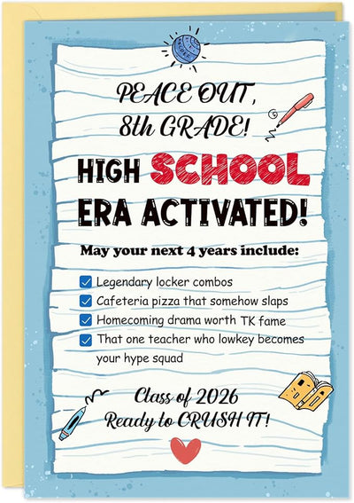 FLYAB 8th Grade Graduation Card - 2026 Peace Out 8th Grade Graduation Promotion Card with Gold Envelope Middle School Congrats Grad Gift for Her Him Boys Girls Son Daughter Granddaughter Grandson(5.5x8 Inch)