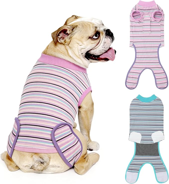 2 Packs Breathable Cotton Dog Recovery Suit for After Neuter Spay Abdominal Wounds Protector, Professional Anti-Licking Onesies for Male Female Pets Surgery Bandages, Large Textured Blue Purple