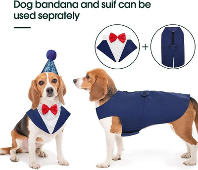 Kuoser Dog Tuxedo Dog Suit and Bandana Set, Dogs Tuxedo Wedding Party Suit, Doggy Prince Bow Tie Shirt Formal Pet Wedding Attire for Large Medium and Small Dogs Golden Retriever Samo Bulldogs