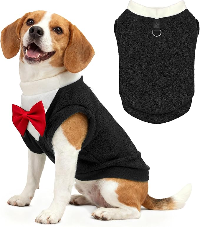 Cute Dog Fleece Sweater with D-Ring, Fall Winter Dog Clothes Tuxedo Costume with Bowtie, Soft Puppy Sweatshirt Corgi Bulldog Apparel Dachshund Outfits for Small Medium Large Dogs(Black,4XL)