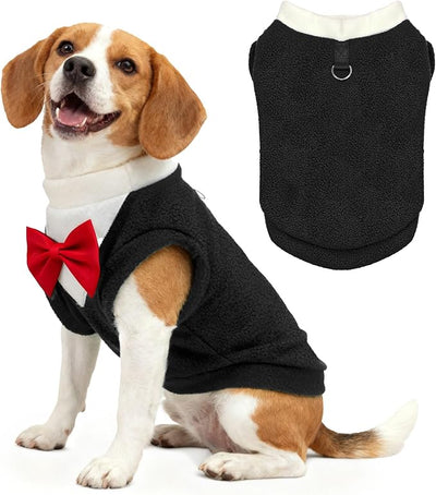 Cute Dog Fleece Sweater with D-Ring, Fall Winter Dog Clothes Tuxedo Costume with Bowtie, Soft Puppy Sweatshirt Corgi Bulldog Apparel Dachshund Outfits for Small Medium Large Dogs(Black,6XL)