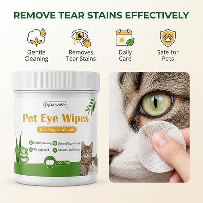 Dylan's cabin Eye Wipes for Cats - 200 Count Soft Round Dogs Eye Cleaning Pads, Alcohol Free pH Balanced Daily Tear Stain Wipes Remove Discharge and Crust