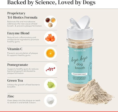 Dog Dental Powder – Vet Formulated - Cleans Teeth, Freshens Breath, Fights Plaque and Tartar – Natural Ingredients - 19 Active Ingredients - Oral Dog Probiotic - No Brushing - Made in USA