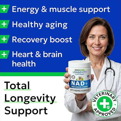 BARK&SPARK NAD+ for Dogs - Advanced Longevity Formula for Healthy Aging - Resveratrol, Quercetin & Nicotinamide - NMN Alternative for Senior Dog Vitality & Brain Health - Peanut Butter - 90 Ct