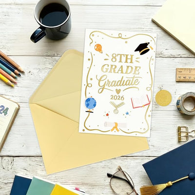 FLYAB 8th Grade Graduation Card - 2026 Gold Foil Middle School Promotion Card with Envelope Grad Gift for Her Him Boys Girls Son Daughter Granddaughter Grandson(5.5x8 Inch)