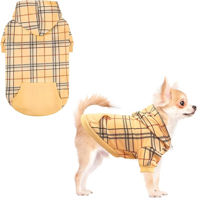 KOOLTAIL Plaid Dog Hoodie for Small Medium Large Dogs,Pet Clothes Sweater with Hat and Pocket for Cold Weather Winter, Soft&Warm Doggy Hooded Sweatshirt Coat Outfit for Puppy Cats Girls Boys Khaki S