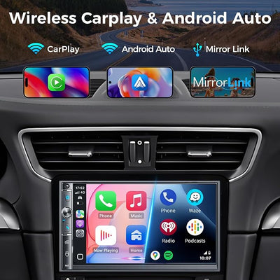 7" Double Din Car Stereo, Wireless Apple Carplay & Android Auto, HD Touchscreen, Bluetooth, 240W, SWC, Subwoofer Output, FM/AM, Mirror Link, Backup Camera, Car Radio Receiver