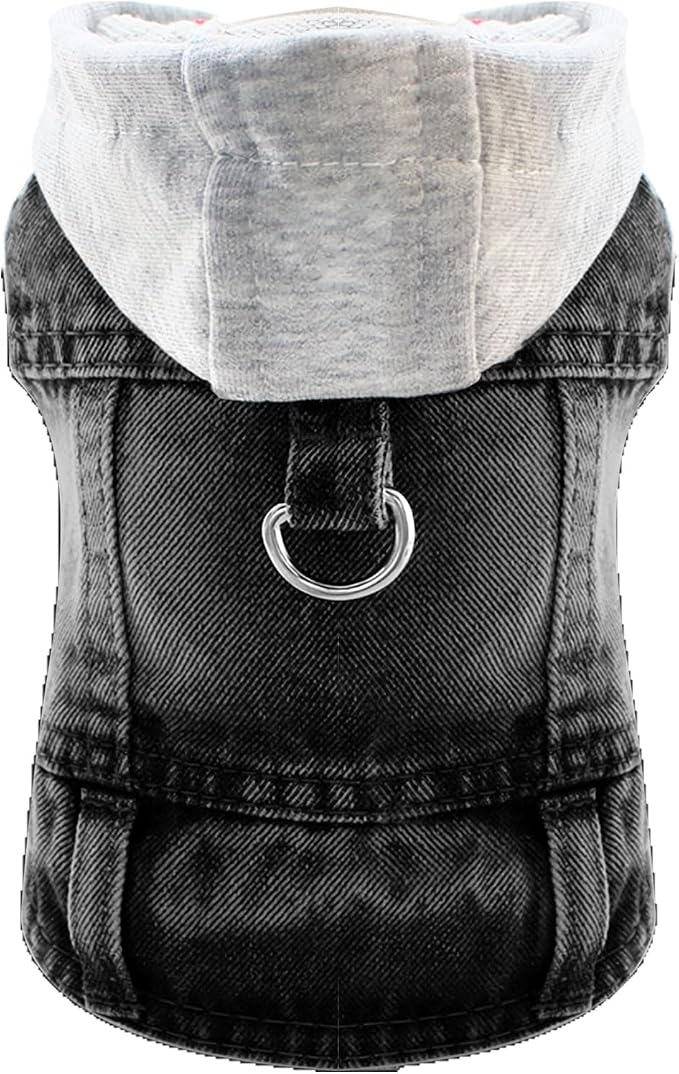 Cool Dog Jean Jacket Vest with D-Ring Black Denim Dogs Hoodies Outfits for Small Medium Dogs Cats Boy Male Dog Clothes Costume Dogggie Puppy Harness Coat for Frenchie Walking(Grey Hat,S)