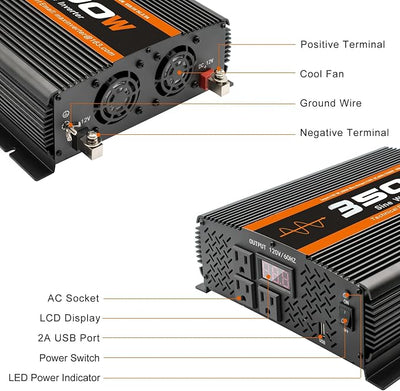 3500W Pure Sine Wave Inverter 12V to 120V with 4 Power Outlets for RV Solar Power