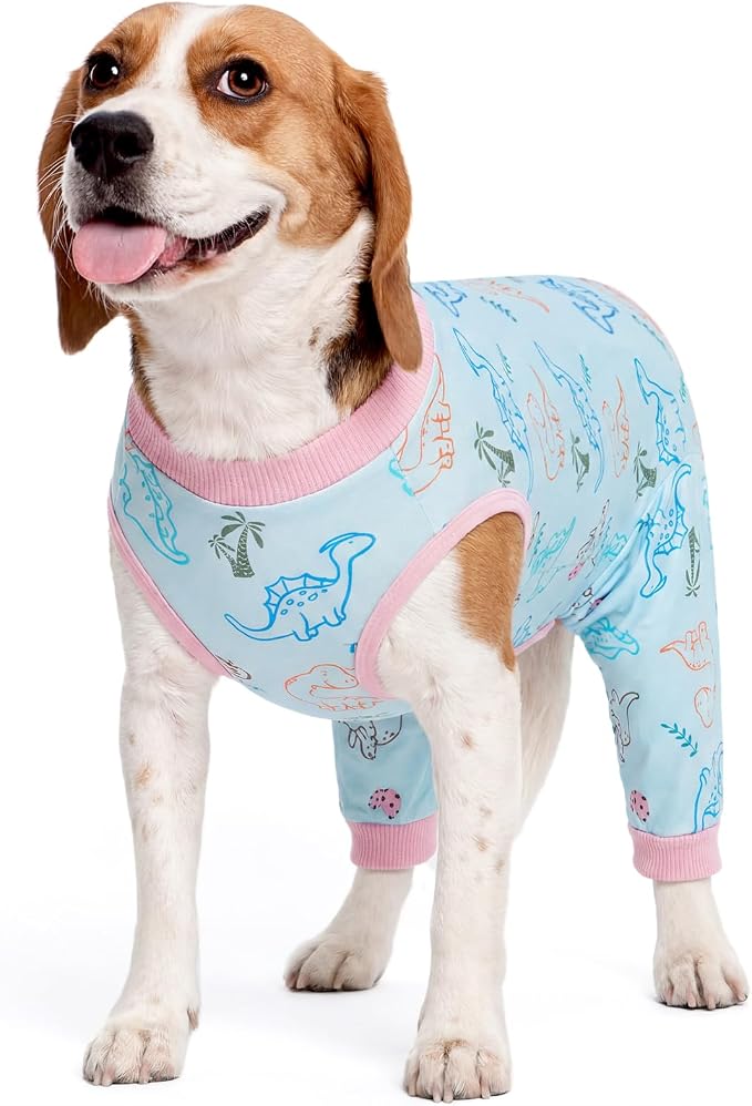 Kuoser Dog Recovery Suit with Anti Licking Rear Leg Sleeve, Dinosaur M | Abdominal Dog Surgical Suit with Pants Cover Protect Wounds, Dogs Elbow Protector Soft Pet Surgery Onesie Cone Alternative