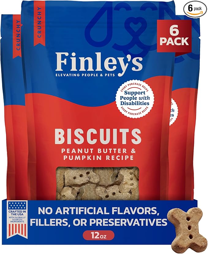 Finley's Crunchy Dog Biscuits, Peanut Butter and Pumpkin, Plant-Based Healthy Treats, Oven Baked Dog Cookies, 12oz, 6 Pack