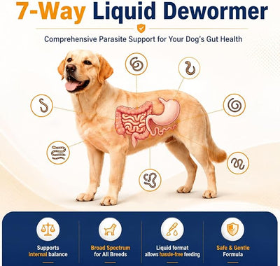 Dewormer for Dogs, 7-Way Dog Wormer Liquid with Pyrantel Pamoate & Praziquantel, Broad Spectrum Worm Support for Tapeworms, Roundworms & Hookworms, 100ml