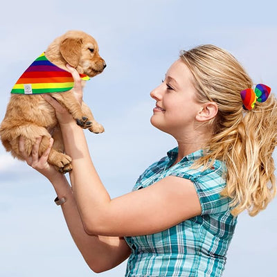 E-Clover Pride Dog Bandanas & Matching Scrunchie Set Rainbow Dog Bandana Scarf with Hair Tie for Medium Large Dogs Pet Owner Mom Gifts