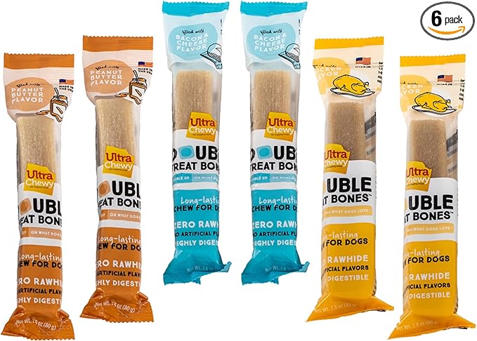 Ultra Chewy Peanut Butter, Chicken, Bacon and Cheese Flavors: Long-Lasting Treats Made in USA for Large and Small Breeds, Highly Digestible, for Aggressive Chewers (Favorite Flavors, 6 Count)