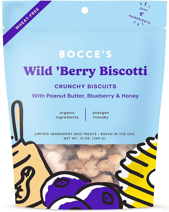 Bocce's Bakery All-Natural, Small Batch, Organic Dog Treats, Wild 'Berry Biscotti Biscuits, Wheat-Free, Limited-Ingredient, Made in The USA with 100% Recyclable Packaging, 12 oz Bag